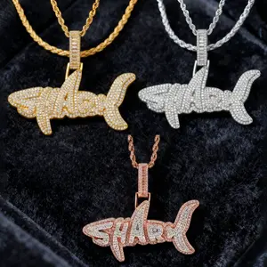 European and American Hot-Selling Alloy Letter Splicing Shark Pendant Necklace with Diamonds Hip-Hop Fashion Necklace Wholesale Cuban Link Chain