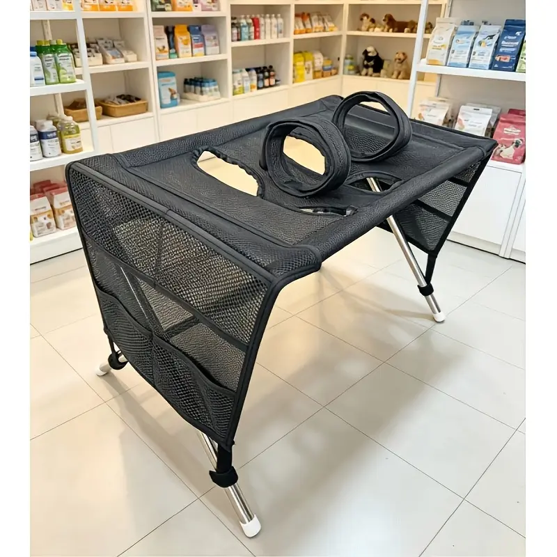 Pet grooming hammock for small dogs/cats with stainless steel stand; foldable joint protection fixing tool; suitable for grooming tables for small pets, for nail trimming and bathing care.