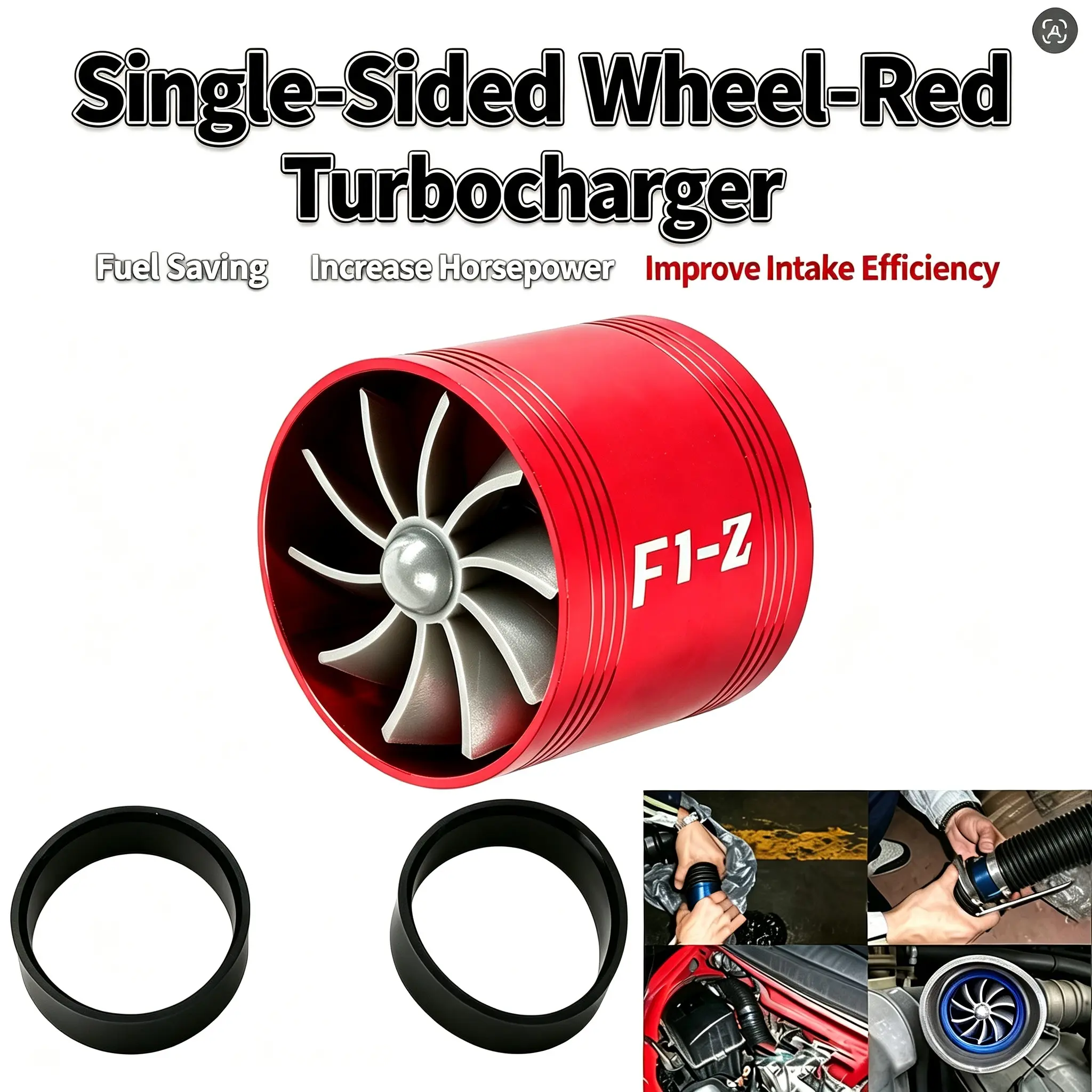 F1-Z Universal Single-Sided Aluminum Alloy Turbonator with Rubber Seals - Plug-and-Play Auto Fuel Saver, Airflow Turbo Charger Fan, Intake Tuning Device for Gasoline Cars, Horsepower Booster