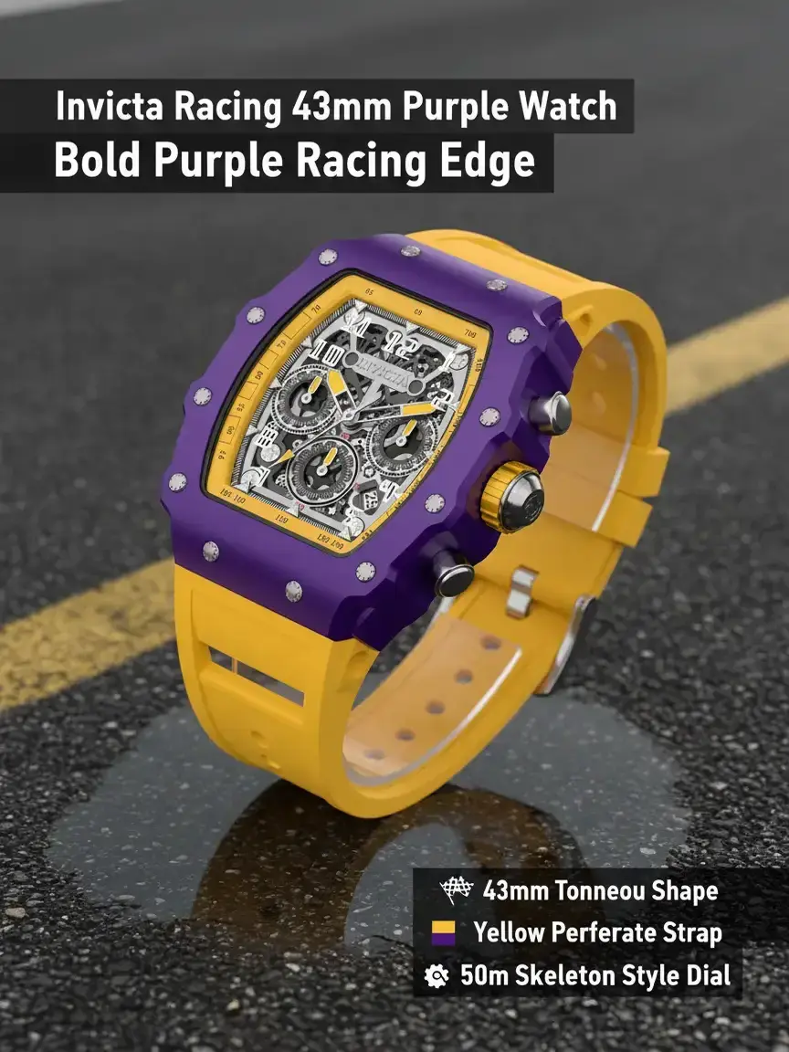 Invicta Racing Men's 43mm Tonneau Watch Purple Lightweight Case Polished Sport Screws Silver Skeleton Style Dial Bold White Numerals Yellow Race Scale Ring Yellow Perforated Silicone Strap Quartz Movement 50m Water Resistant Purple Gold