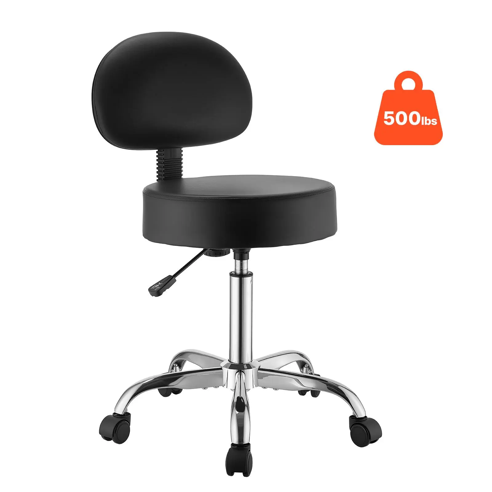 【SummerFinds】VEVOR Rolling Stool with Back Support, 500 lbs Weight Capacity, Height Adjustable, Thick Cushion Ergonomic PU Leather Seat, 360° Swivel Round Rolling Stool Chair for Salon, Clinic, Medical, Black