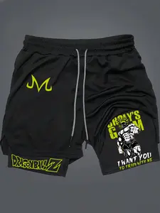 DRAGON BALL Print 2 in 1 Drawstring Waist Shorts,Quick Dry Swim Trunk,Majin Buu Loose Casual Pocket Track Shorts for Summer,Workout Clothes,Activewear,Casual Athletic Sport Short, Streetwear Sports Shorts
