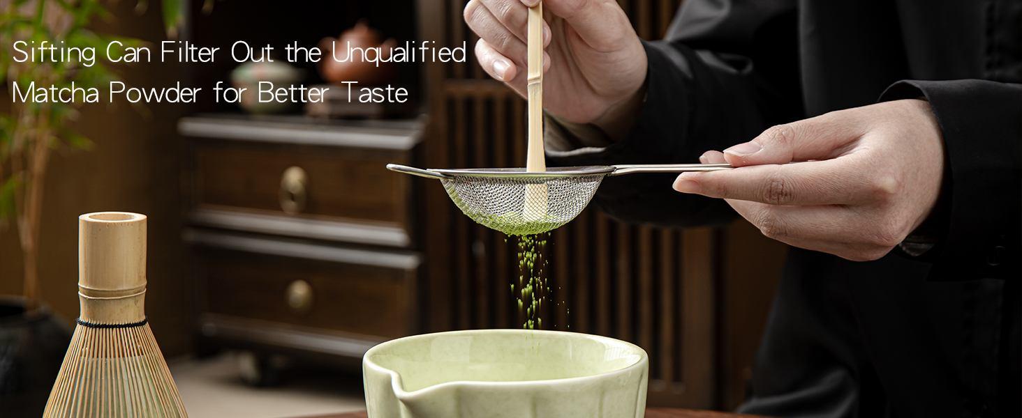 Matcha Whisk Set, Matcha Bowl with Spout, Matcha Whisk, Chasen Holder, Sifter, Bamboo Scoop - 5 Pcs Perfect Matcha Making Kit for Matcha Lover and Tea Ceremony (Speckled Green)