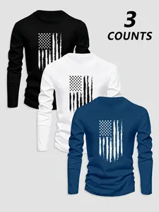 Men's Classic 3-Piece Set Flag Print Long Sleeve T-Shirts, Casual Fitted Letter Pattern Top, Fall & Winter Moderate Fabric