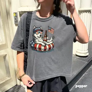 USA 250 Husky Graphic Tee Boxy Comfort Colors American Flag Dog Summer Shirt