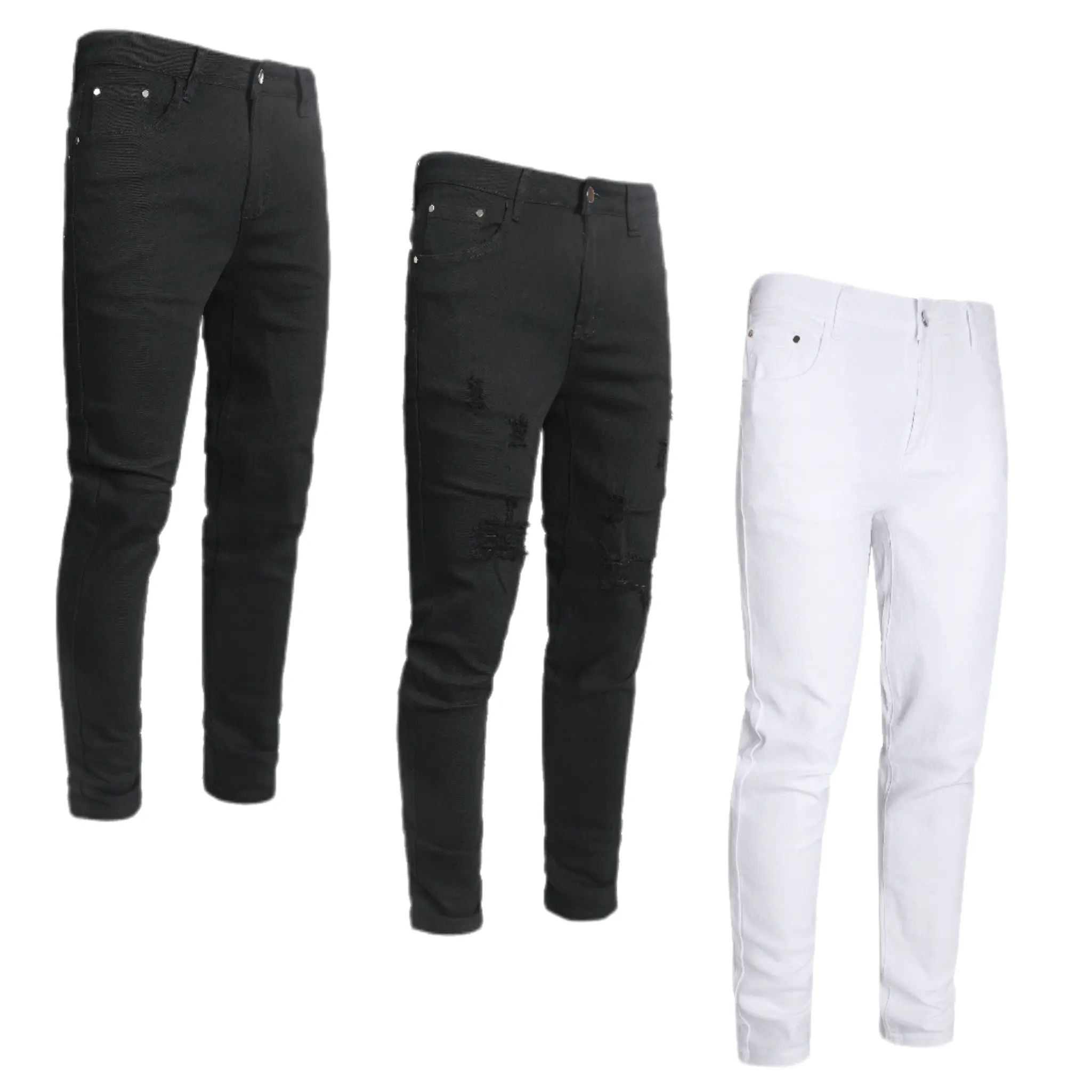 JUNBAOSS Menswear 3-Pack High-Stretch Elastane A-Type Skinny Trousers - Ripped Frayed Design, Flex Waist Plain Denim, Dark-Colored Slim Tapered Leg, Foldable Casual Streetwear Clothing