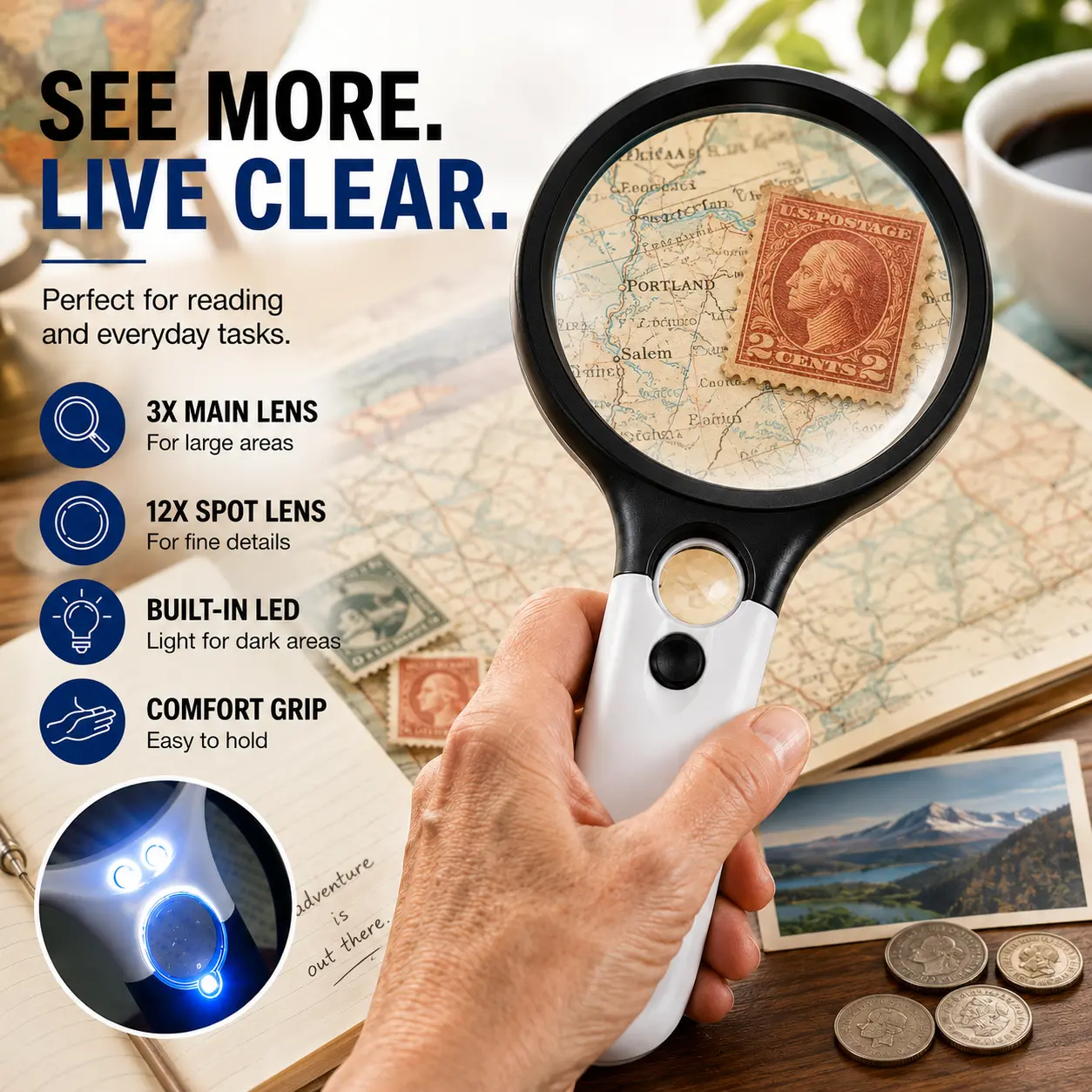 Magnifying Glass with Light, Double-Layer Glass Lens Handheld Large Magnifying Glass 3 LED Lighted Magnifier for Seniors Reading, Coins, Jewelry, Close Working, High Power Clear View, Easy to Use, Perfect Gift for Elderly，Mother’s Day Gift