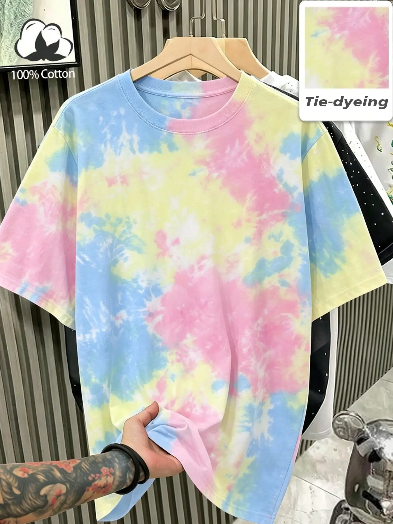 Men’s and women’s identical high-street tops, American street-style macaron gradient dyeing T-shirt, 240g heavyweight cotton, 100% pure cotton oversized short-sleeved shirt, colorful diffusion art T-shirt, summer dopamine T-shirt, couple-style T-shirt.