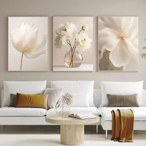 3pcs Set of Three Scandinavian Design Beige Peony Flower Art Poster Modern Floral Plant Wall Decoration Beautiful Art Canvas Printing Home Bedroom Decoration