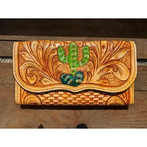 Western Leather fully tooled wallet with cactus and feathers detail by Double B Wild Rags