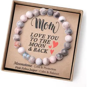 Meaningful Natural Crystal Bracelet Gift for Mom - Handmade Pink Zebra Jasper & Moonstone Stretch Bracelet for Women, Birthday Christmas Present