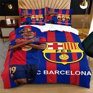 Barcelona Football Club printed pattern soft and durable bedding duvet set, including 1 duvet cover and 1 or 2 pillowcases, without a core or pillow, suitable for adult gifts, modern style fashionable bedroom bed decoration