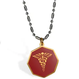 OIDEA Unisex Geometric Stainless Steel Necklace with Red Accent, Modern 1.02" Engravable ID Tag on 21.6" Chain for Daily Wear or Birthday Gift