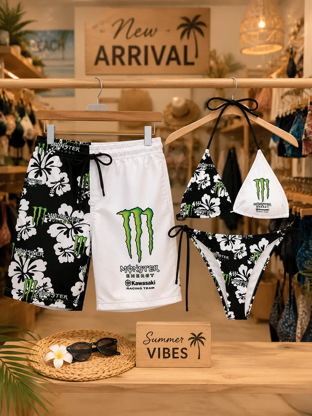 Matching Monster Floral Swimsuits for Couples, Swim Bra & Tie Side String Bikini with Men's Beach Shorts, Tropical Summer Vacation Swimwear Set