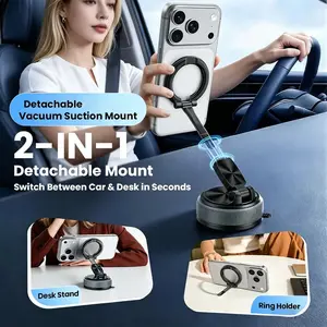 Detachable Magnetic Car Phone Holder Mount, Knob-Lock Vacuum Suction Cup Dashboard Mount with Ring Holder Desk Stand, N52 Heavy Duty Magnet 3-Axis Adjustable Universal for All Phones