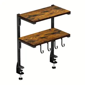 2-Tier Adjustable Clip-On Desktop Organizer - 16-Inch Metal and Reclaimed Wood Side Table, Rustic Brown Finish, Space-Saving Office Supply