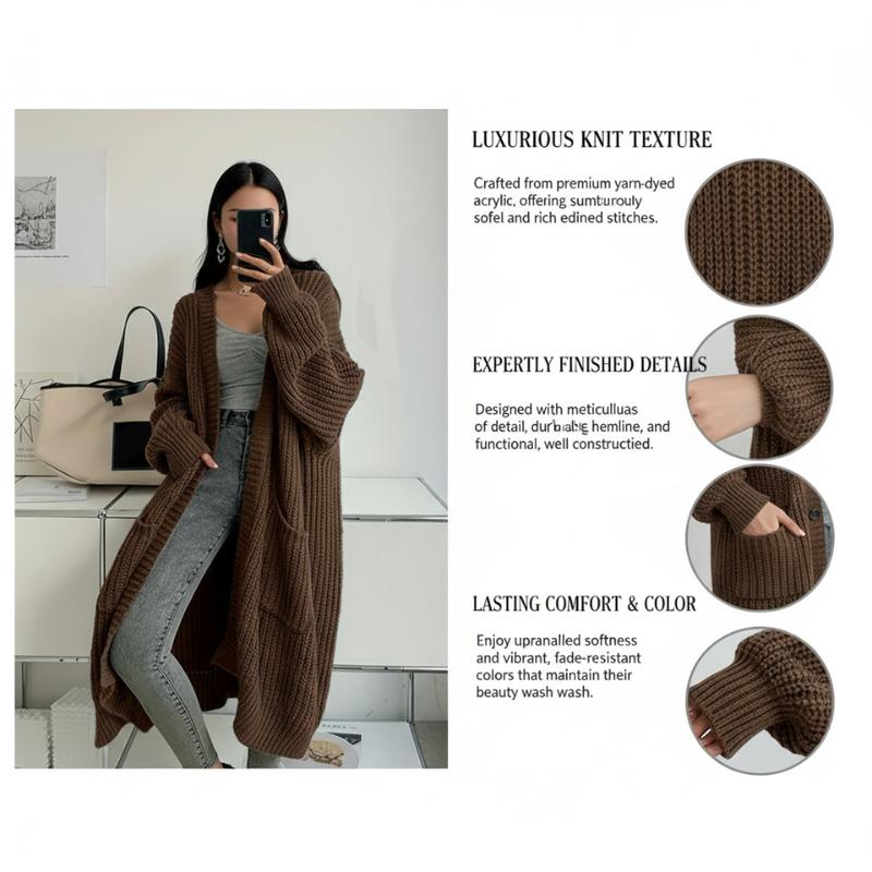 Women 2026 Long Knee Length Tunic Cardigan Sweater Autumn Winter New Lazy Style Loose Thickened Knitted Coat Fashion Trend Suitable for Formal Occasions or Daily Wear Pursuing Unique Temperament