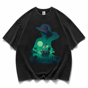Moonlight Pirate Crew Vintage Tee for Men Retro Washed Anime Street Fashion Loose Fit HD DTG Graphic Shirt