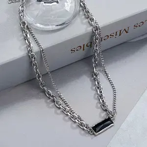 KZZ Men's Silver Chrome Cuban Link Design Necklace - Solid Chain with Black Accent Piece, Men's Christmas Gift Accessory, Silver Chrome Necklaces