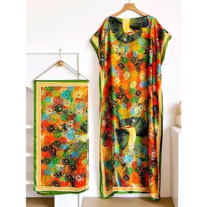Green Orange Peacock Silky Kaftan Dress With Belt