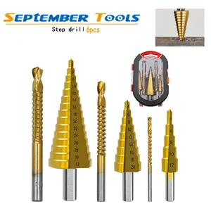 6Pcs HSS Step Drill Bit Sets Straight Groove Titanium Coated Cone Hole Cutter Automatic Center Punch Spiral Twist Saw Drill Bit Tool Accessories Industrial Hardware