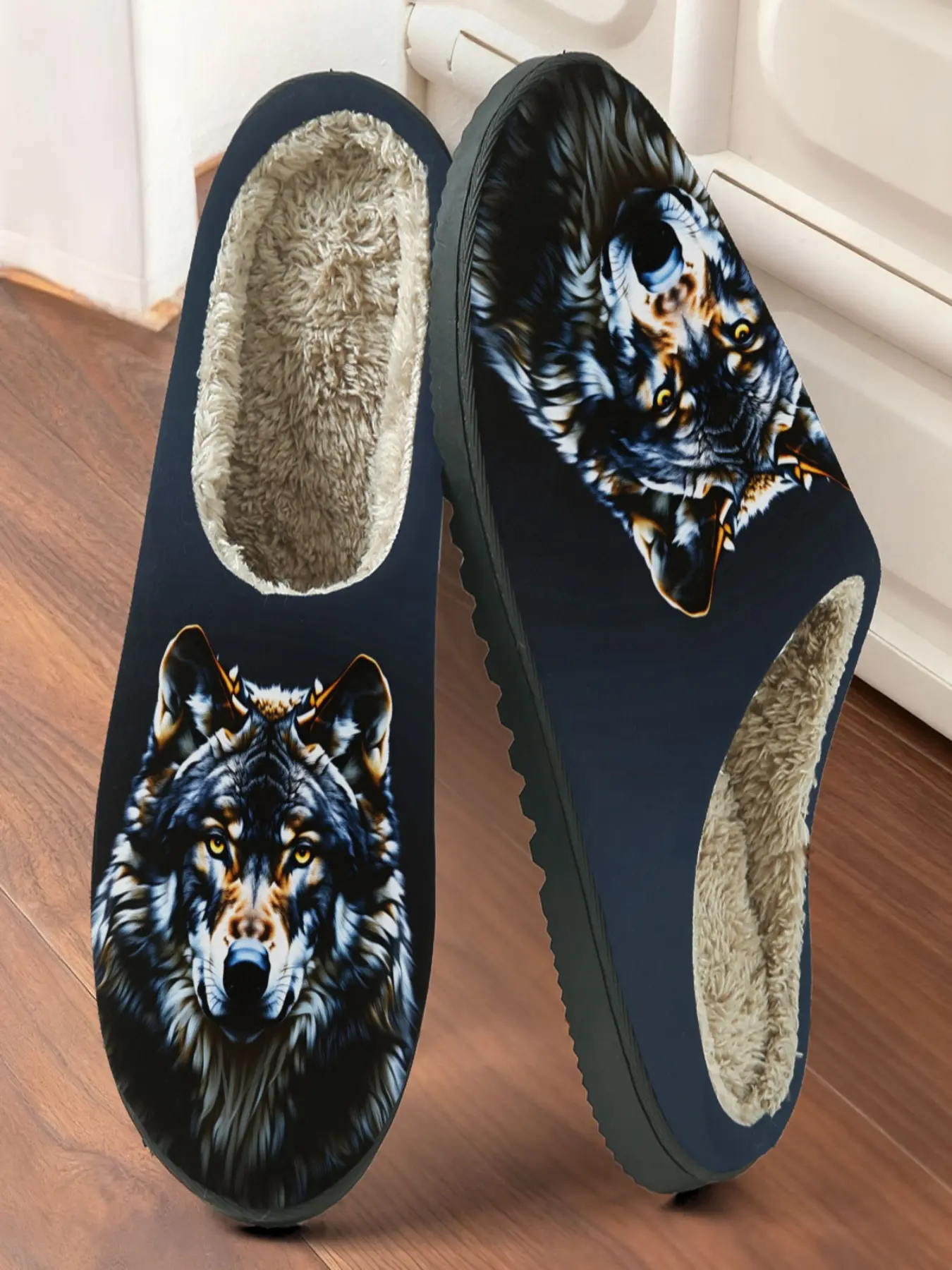 Wolf Plush Slippers Set, Realistic Wolf Print + Warm Fleece Anti-Slip Sole, Thick Comfortable Bottom, Winter Casual Home Shoes