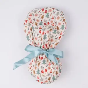 Christmas Ponytail Scrub Cap,Surgical Hat with Buttons & Sweatband, Winter Holiday Scrub Cap,Gingerbread Men,Christmas Tree,Snowflake