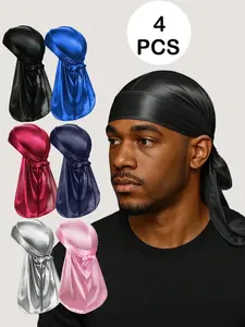 4 Pcs Unisex Silk Durags with Elastic Band, Casual Solid Color Fashionable Headwear for Waves & Daily Wear, Breathable Soft Comfort Durags with Extra Long Tail
