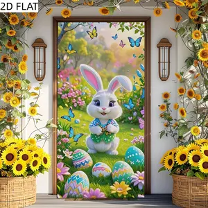 1PC Reusable Polyester 2D Flat Door Banner - Easter Decor with Cute Rabbit, Easter Eggs, Butterflies Theme, Door Hanging for Birthday, Festival Party, Spring Garden Home Wall Decor Cloth