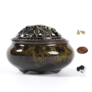 Ceramic Incense Burner with Incense Stick Holder + Insulation use for Stick or Coil Incense, Sage Cones and Frankincense (Fambe Green) Fragrance Scent