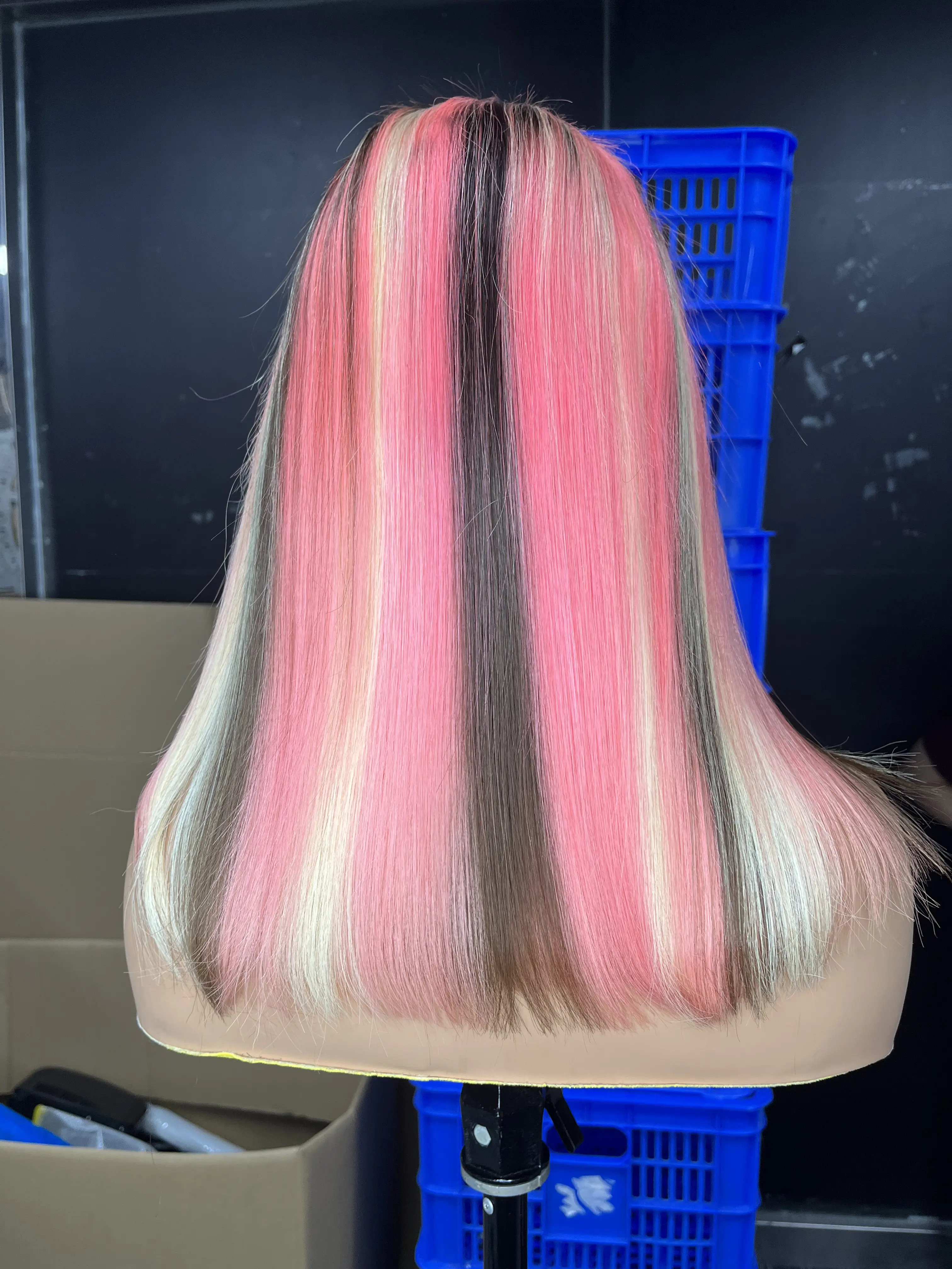 Customized 13x6 Pink Highlight Straight Colored Transparent Lace Front Bob Wig