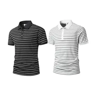 Men's Striped Short Sleeve Polo Shirt Casual Classic Collared Golf Tee in Black with White Stripes for Comfortable Wear