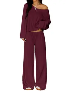 Two Piece Matching Lounge Sets for Women, Vacation Airport, off Shoulder Sweatshirt, Wide Leg Sweatpant Set, Comfortable and Stylish
