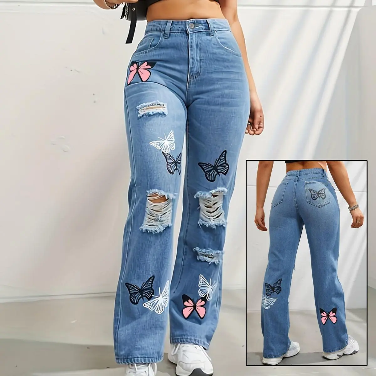 Women's High-Waisted Straight Leg Denim Bottoms - Trendy Butterfly Print, Ripped Distressed Cotton Fabric Jeans for Birthday, Streetwear; Ideal for Daughters to Pair with T-Shirts Blue Button