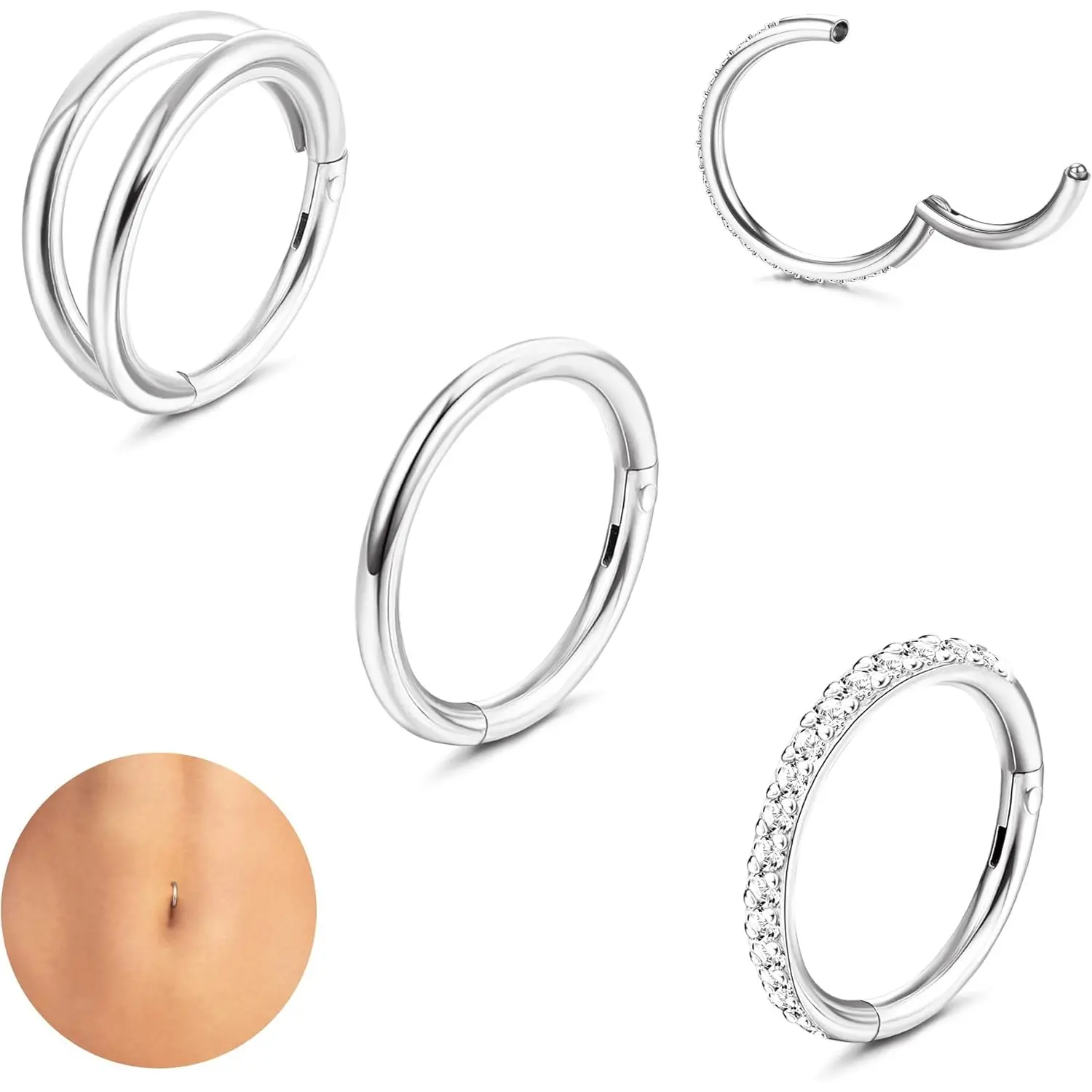 MILACOLATO Women's 14G Surgical Steel Round Hoop Belly Button Piercing Jewelry - 14 Karat Plated Gold Silver Tone CZ Clicker Ring, 3Pcs Dainty Gold Bling Set for Daily Wear, Clicker Ring Piercing Jewelry, Bling Effect, Gold Bling Piercing Jewelry