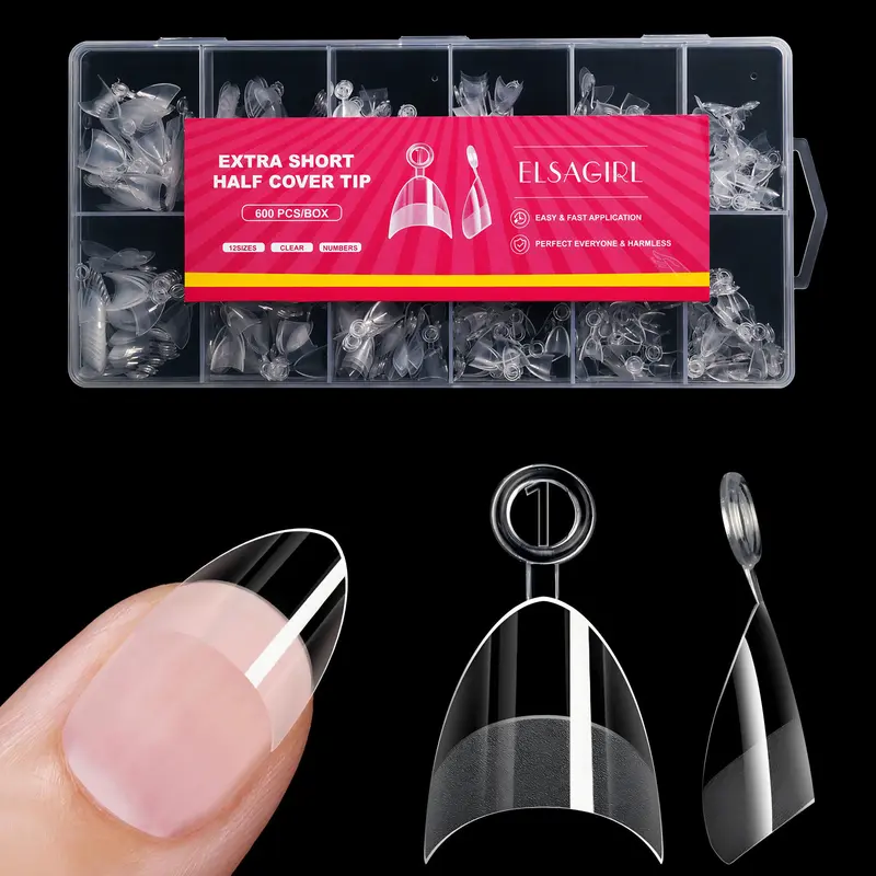 ELSAGIRL Modest Nails Tips Kit - 600Pcs Extra Short Half Cover Almond Gel False Nails & Accessories, Pre-Shaped XXS-12 Sizes French Tip, Beautify Fingers, Easy to Apply for Home DIY Manicure Salon Use