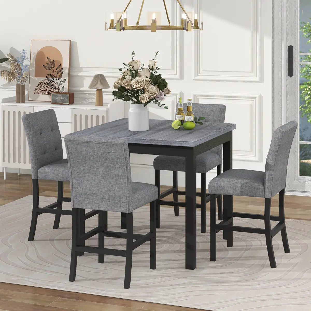 [Bellemave]TOPMAX 5-Piece Counter Height Dining Set Wood Square Dining Room Table and Chairs Stools w/Footrest & 4 Upholstered high-back Chairs,Black
