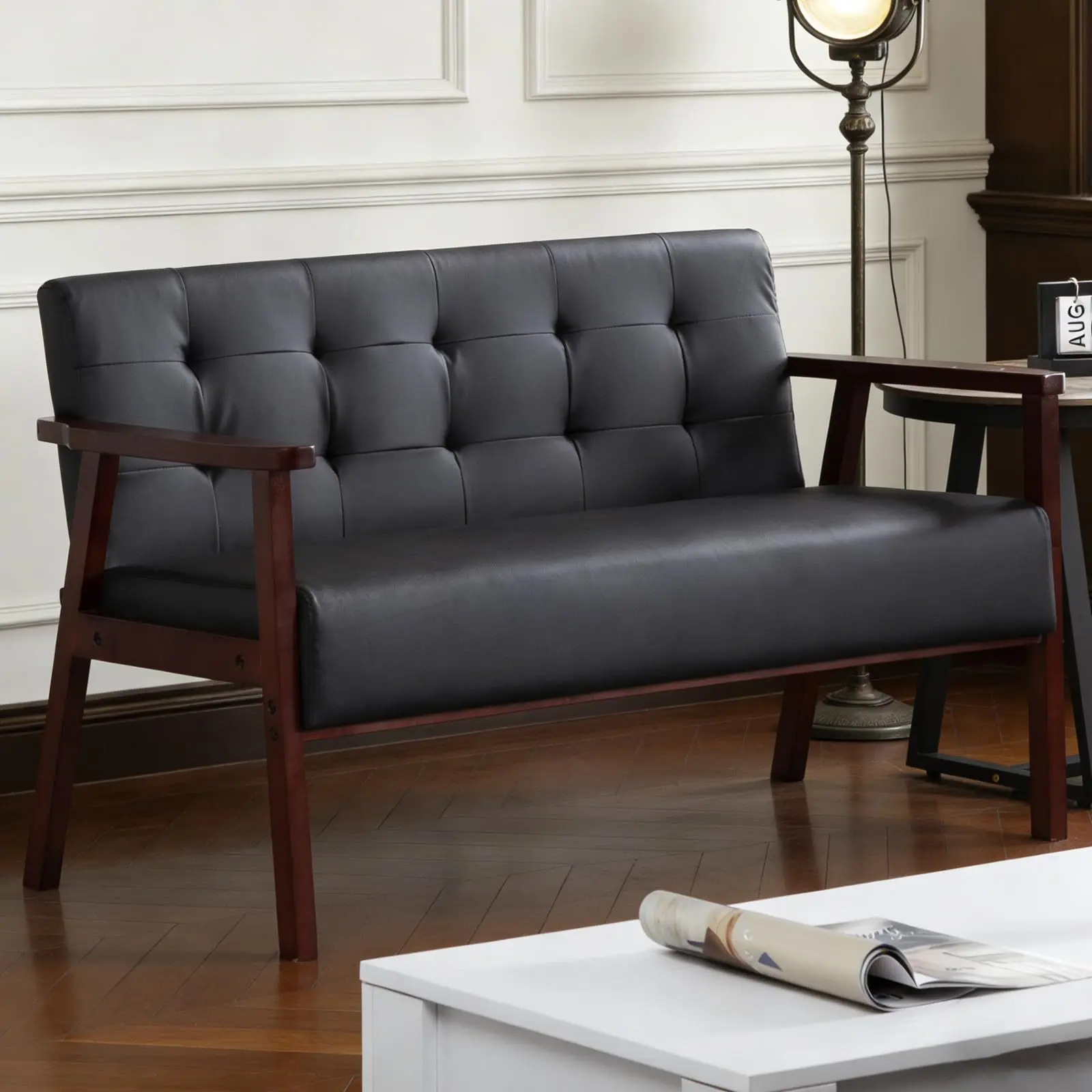 Solid Wood Frame Leather Tufted Loveseat with High-Density Foam, 2-Seater Small Sofa for Home Living Room