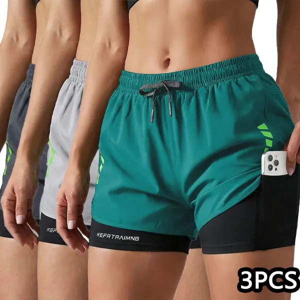 Multi-pack women’s quick-dry sports shorts 2-in-1 for summer running,safety shorts suitable for training and basketball, featuring a drawstring waist and reflective stripes; stylish and unique design