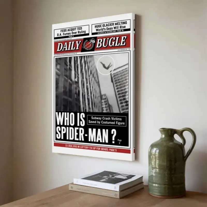 Retro black-white-red newspaper style superhero framed canvas, Daily Bugle classic industrial aesthetic wall print. Cool vintage vibe decor for apartment, bedroom and living room, edgy statement piece for urban modern home interiors.