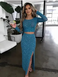 Elegant Blue Gradient Wave Pattern Long Sleeve Short Top + High Slit Mid-Length Skirt Two-Piece Set, Stylish Women's