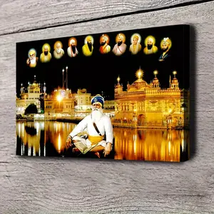 A Night Scene Religious Art Poster of Baba Deep Singh and Ten Sikh Guru - Framed Canvas Wall Art, Stylish Religious Decor, Suitable for Home and Office Decoration, Perfect Gift for Family, Sikh Wall Art| Quiet Night Scene| Detailed Artwork, Sikh Wall Art