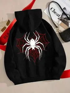 Unisex Spider-Man Inspired Graphic Fitted Hoodie, Gothic Aesthetic Long-sleeve Pullover, Trendy Y2K Streetwear Casual Perfect for Teens, Daily Wear & Outdoor Activities, Sweatshirts, Womenswear