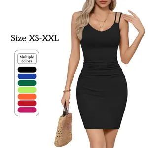 Missufe Women's V Neck Sleeveless Ruched Bodycon Sundress Summer Casual Mini Cami Dress