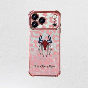 Pink Leopard Print Glitter Spider‑themed iPhone Case, Compatible with iPhone 13/14/15/16/17 Pro Max — Four‑Corner Electroplated Protective Case with Y2K, Sweet‑Cool and Western Hot‑Girl Styles, Featuring Cherry Blossom Pink and Silver GliZZR079 phone junk