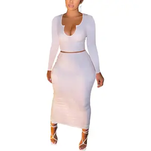 Women Sexy Two Piece Skirt Outfits Long Sleeve/Sleeveless V Neck Bodycon Ribbed Knitted Maxi Club Party Dress MNS911