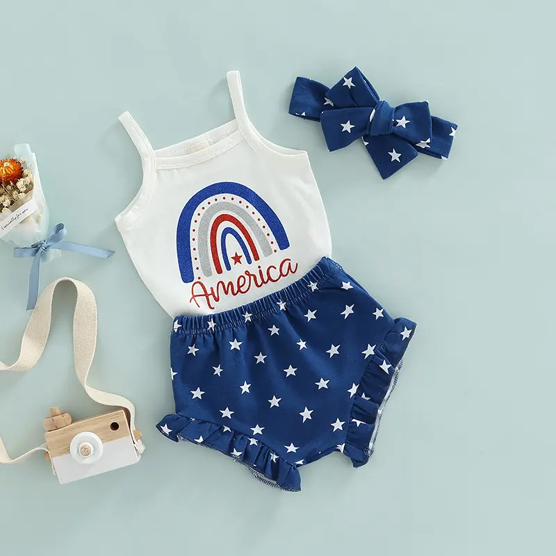 Infant Girl's Three-Piece Clothes Outfit, Spaghetti Strap Sleeveless Rainbow Printed Romper + Shorts + Headband