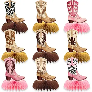 9pcs Western Cowboy Boot Honeycomb Centerpieces, Cowgirl Theme Party Decorations, Pink and Brown Paper Table Toppers, Retro Cowboy Boots Dessert Table Decor for Birthday, Bachelorette Party, Baby Shower, Rodeo Party Supplies