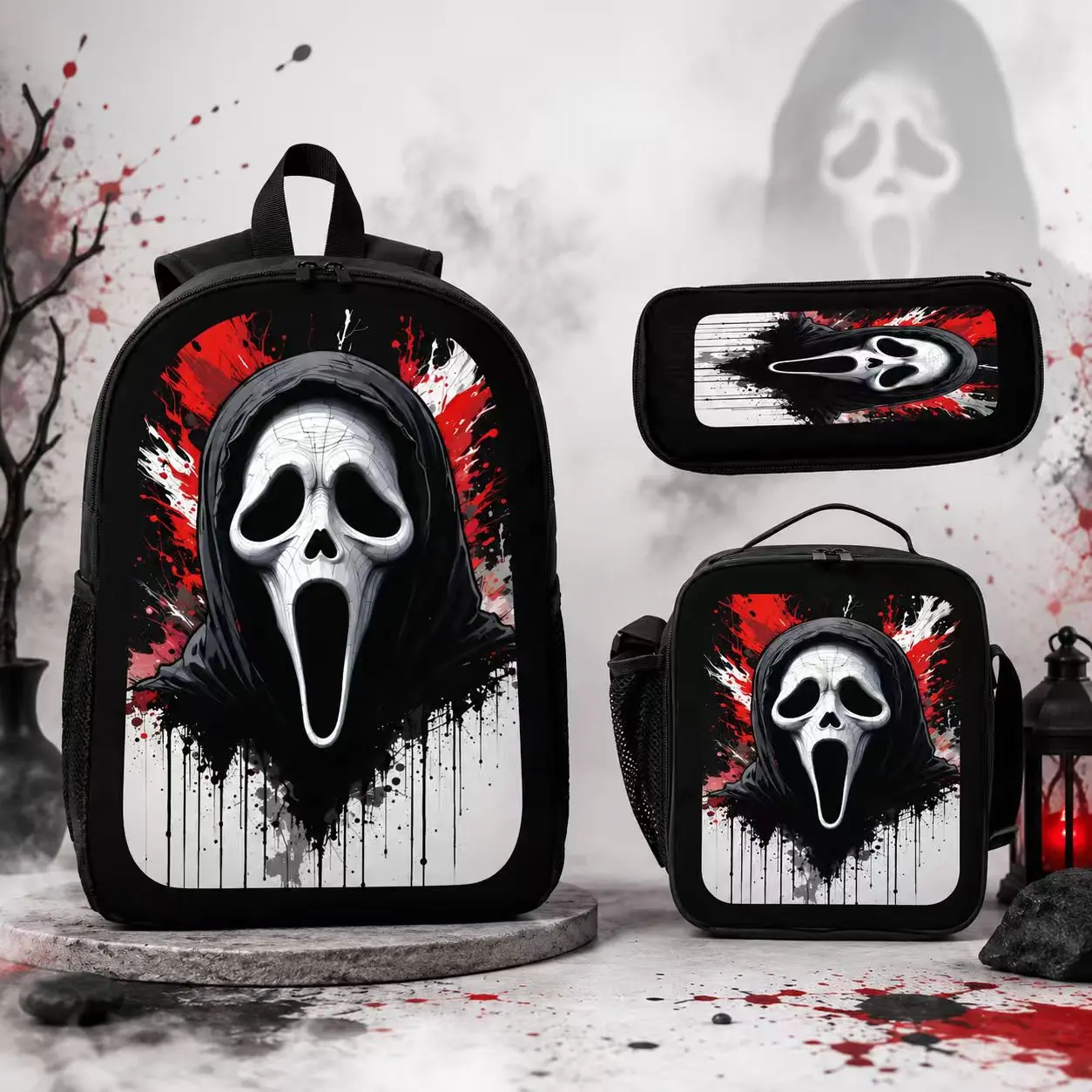3-Piece Ghost Face School Backpack Set for Men Women, Lightweight Horror Aesthetic Youth Backpack with Lunch Bag, Pencil Case & Laptop Compartment, School Backpacks