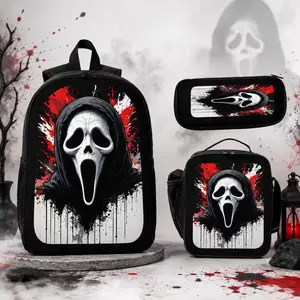 3-Piece Ghost Face School Backpack Set for Men Women, Lightweight Horror Aesthetic Youth Backpack with Lunch Bag, Pencil Case & Laptop Compartment, School Backpacks
